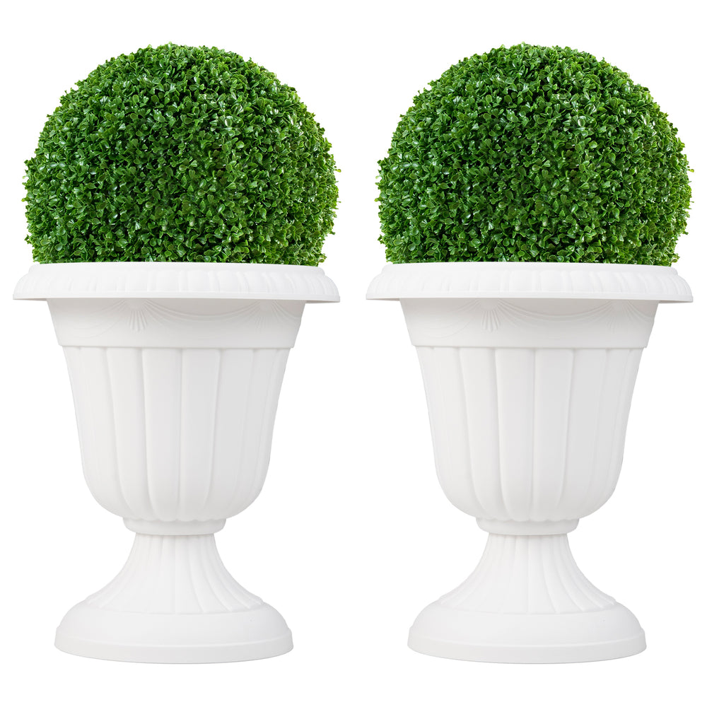 Set of 2 vintage white planters with pedestal base, 18 inches tall, perfect for indoor and outdoor plant displays.