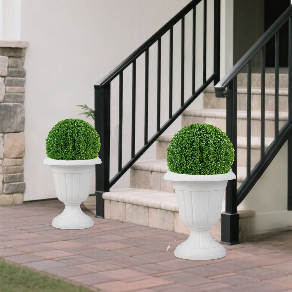 Set of 2 vintage white planters with pedestal base, 18 inches tall, perfect for indoor and outdoor decoration.