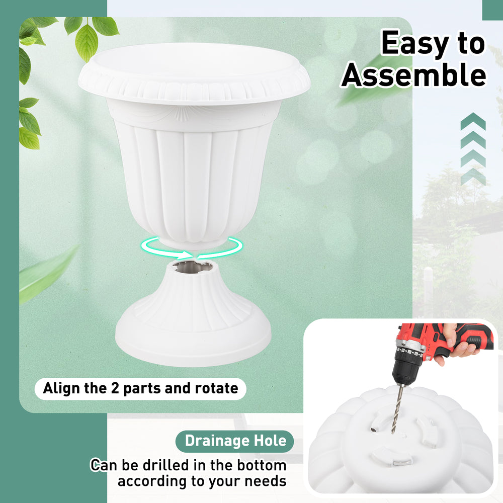 White 18-inch tall vintage planter with pedestal base, featuring a pre-marked drainage hole, ideal for indoor and.