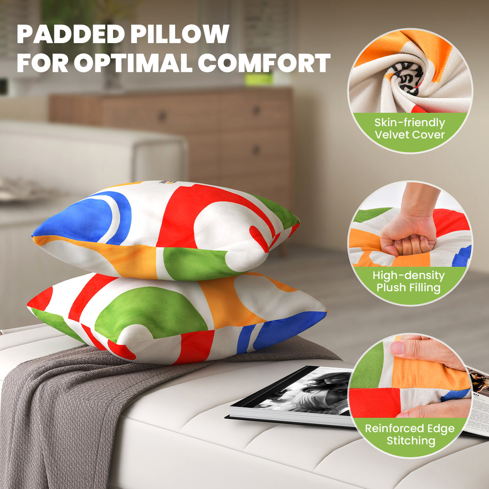 Square throw pillows with removable velvet covers, featuring plush filling and reinforced stitching for added comfort.