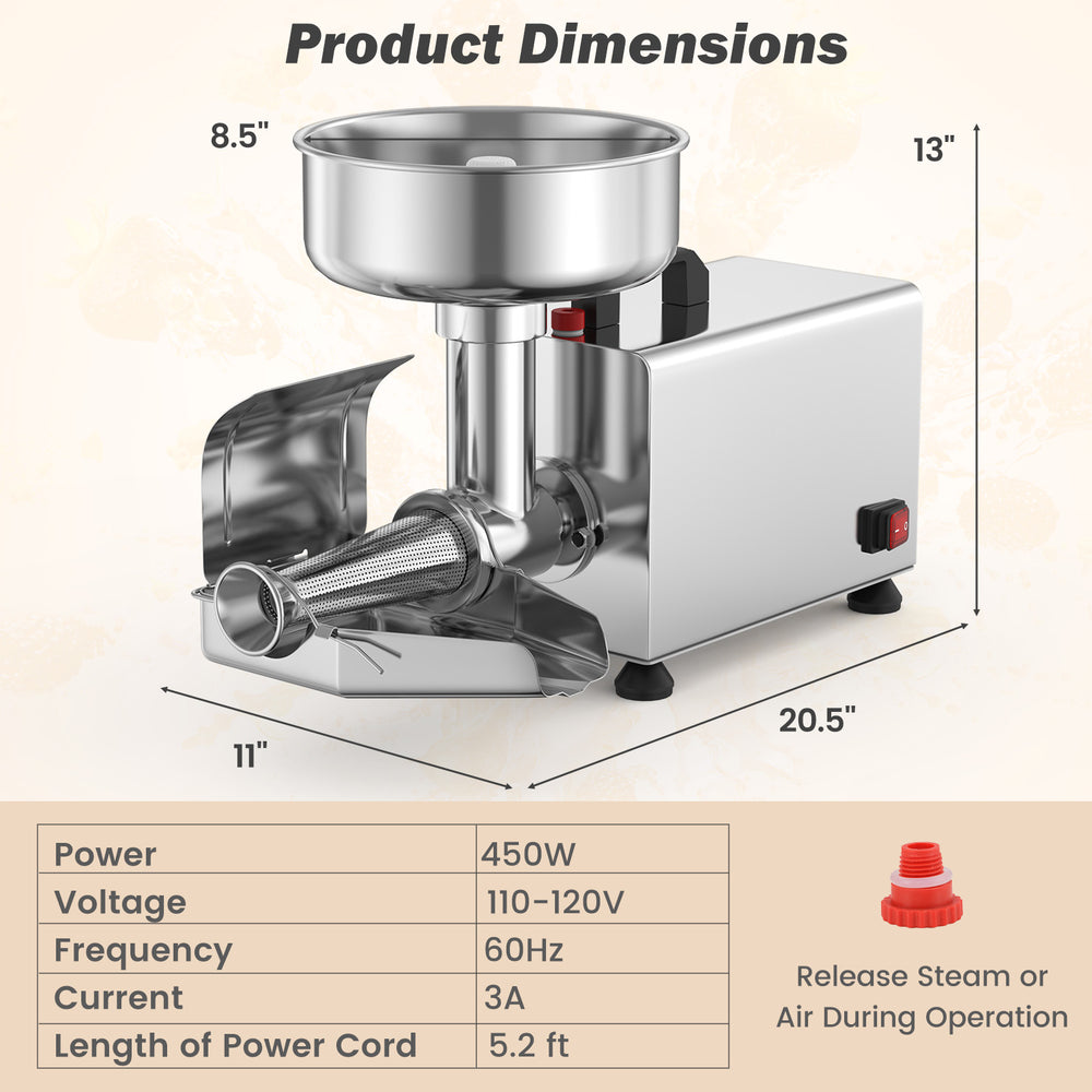 Electric tomato strainer with 8.5" feed chute, 450W stainless steel motor for efficient jam production.