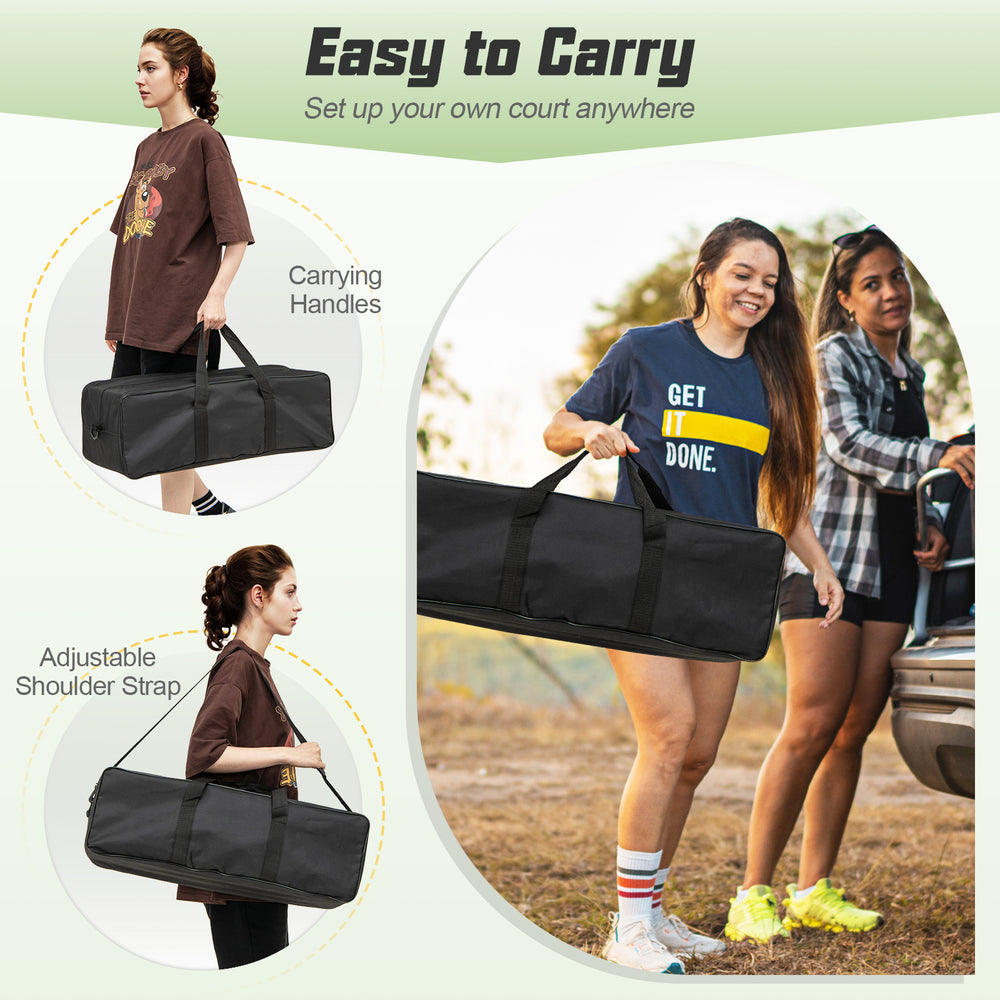 Portable outdoor volleyball net set with carrying handles and adjustable shoulder strap for easy transport and setup.