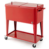 Portable red patio cooler with 80-quart capacity, bottom storage shelf, and bottle opener for convenient outdoor use.
