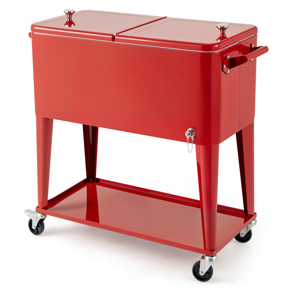 Portable red patio cooler with 80-quart capacity, bottom storage shelf, and bottle opener for convenient outdoor use.