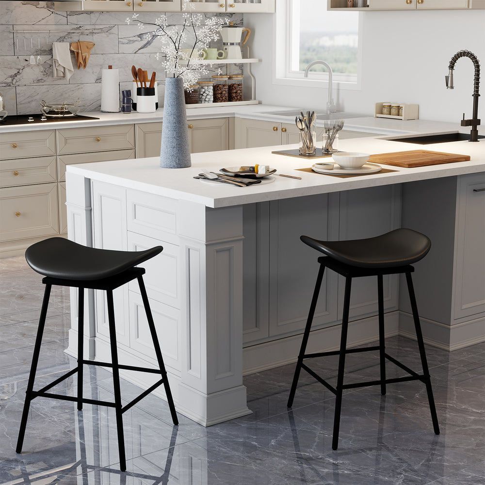 Set of 2 Swivel Barstools Faux Leather Upholstered Backless with Footrest-Black - Gallery View 1 of 8