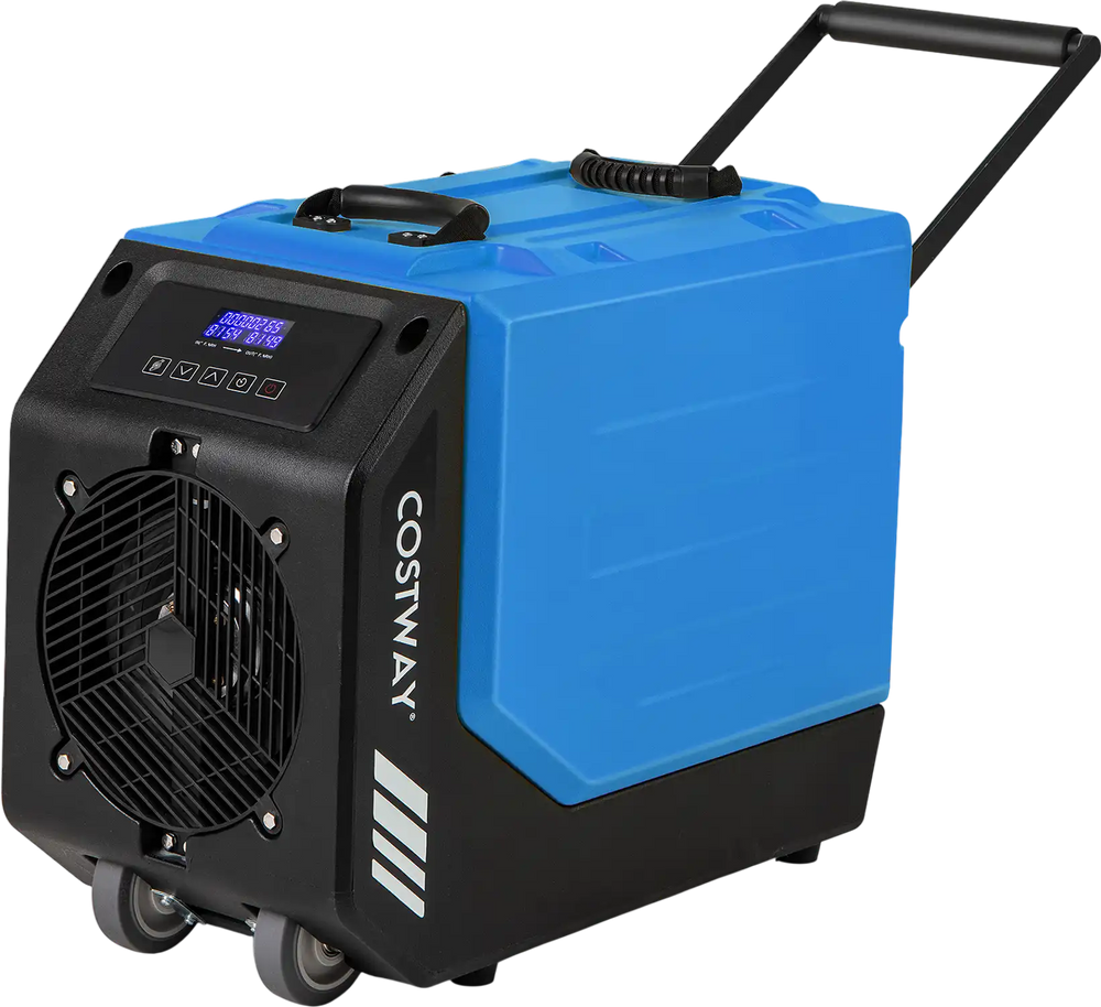 Commercial dehumidifier with pump and wheels, 190 PPD capacity, ideal for large areas up to 9,000 sq. ft.