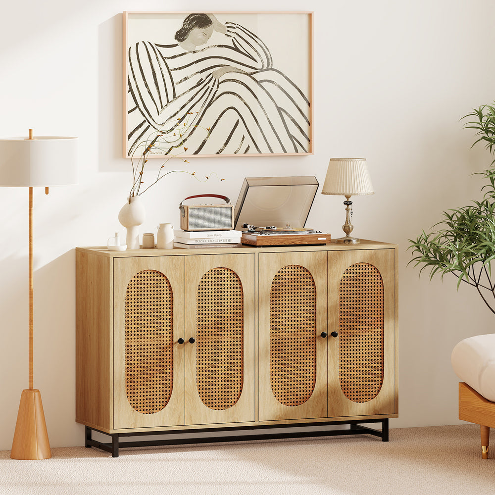Natural wood buffet sideboard cabinet with 4 rattan doors and adjustable shelves, enhancing any kitchen or dining area.