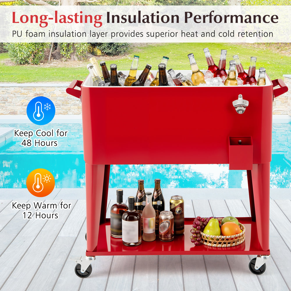 Red portable patio cooler featuring a drainage plug, easy-rolling wheels, and a spacious bottom storage shelf for.