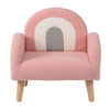 Kids armchair in pink teddy fleece, featuring soft curves and sturdy wood-like legs, ideal for playful and cozy spaces.