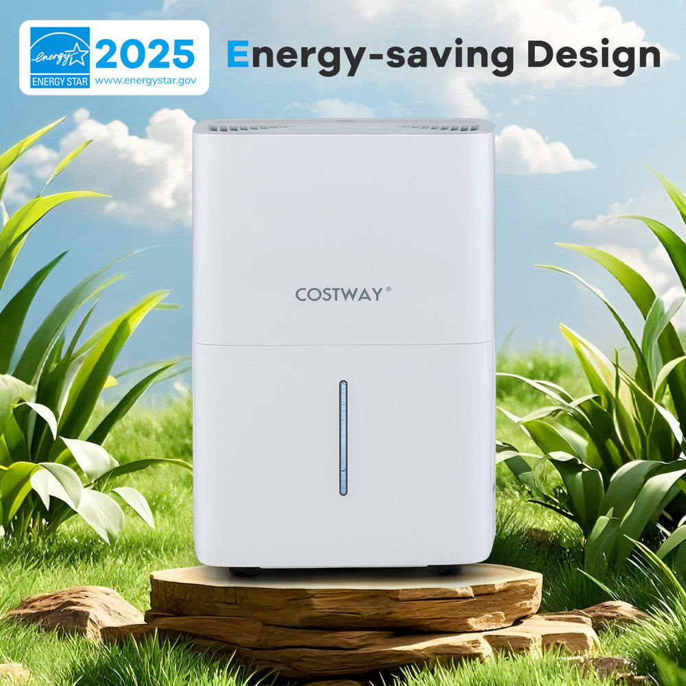 65 pints dehumidifier in white with LED display, 24-hour timer, and energy-saving design for effective humidity control.