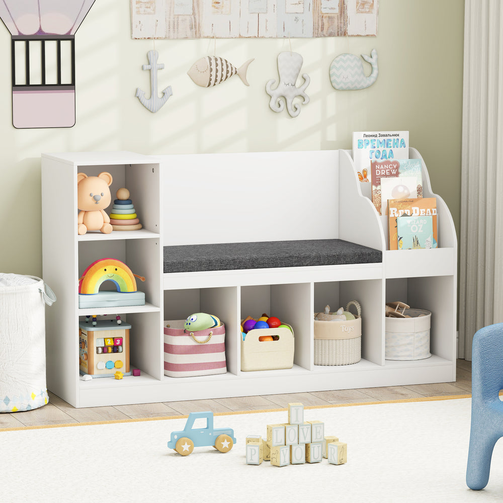 Kids bookcase with reading nook and toy organizer in white, featuring adjustable shelves and removable cushion for.