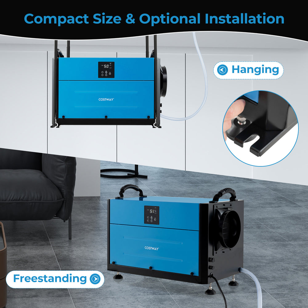 Crawl space dehumidifier in blue with adjustable feet, showing hanging and freestanding installation options.