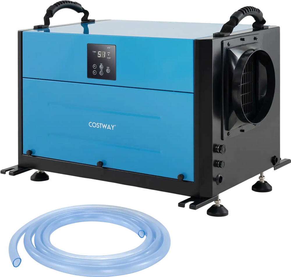 192 Pint Crawl Space Dehumidifier in blue with adjustable feet, control panel, and drainage options for effective.