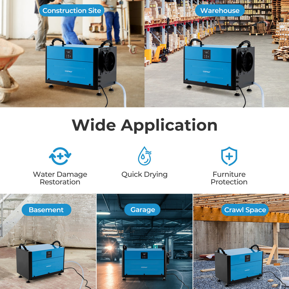 192 pint dehumidifier in blue with adjustable feet, ideal for crawl spaces and basements, featuring 3 modes and a 24h.