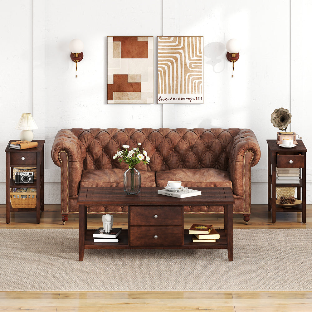 Narrow end table with drawer and storage shelves in walnut, perfect for small spaces in living rooms or offices.