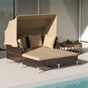 Outdoor daybed with retractable canopy in brown PE wicker rattan, perfect for patio relaxation and sun protection.