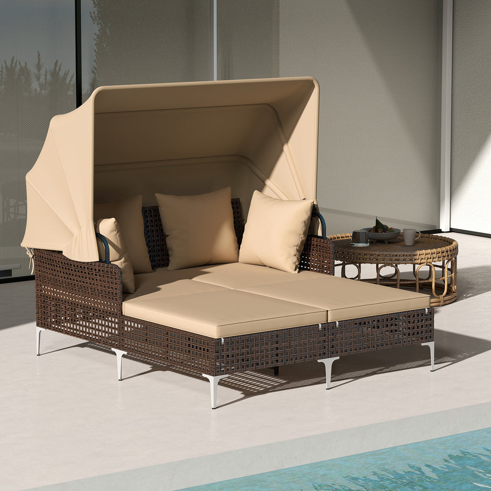Outdoor daybed with retractable canopy in brown PE wicker rattan, perfect for patio relaxation and sun protection.