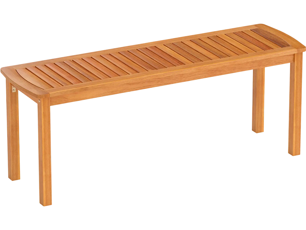 Acacia wood outdoor bench with slatted seat for garden