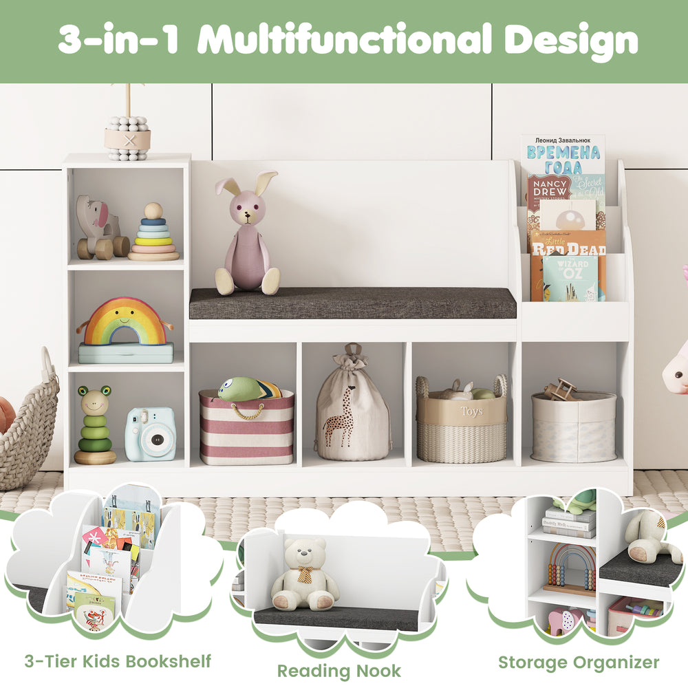 Kids bookcase with reading nook and 7 storage cubbies, featuring a removable cushion and adjustable shelves for.