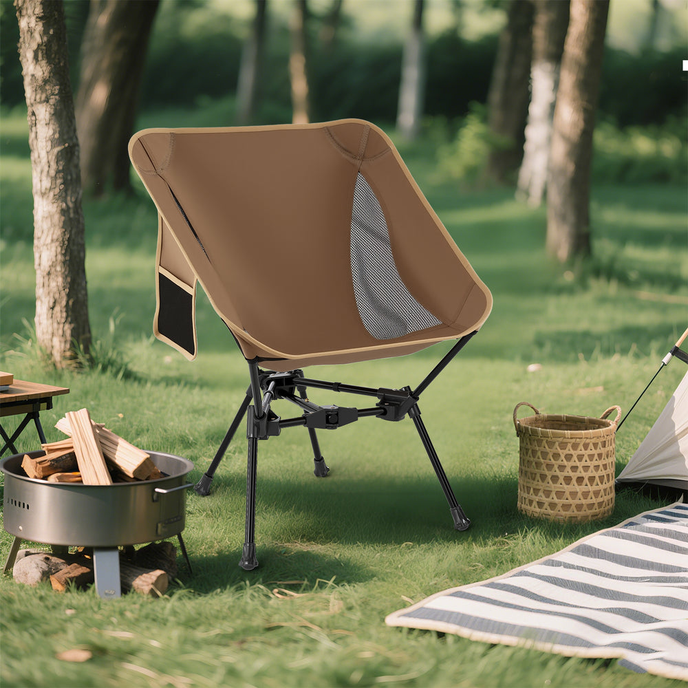 Portable camping chair in coffee color with mesh fabric, ergonomic design, and side pocket for outdoor relaxation.