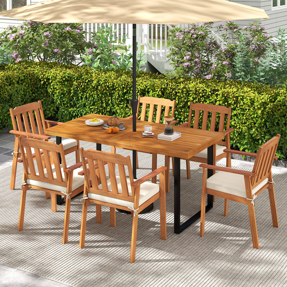 Rectangular acacia wood dining table for 6 with sturdy metal frame, perfect for outdoor dining on patios or gardens.