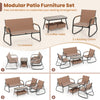 Modular patio furniture set featuring a loveseat, two rocking chairs, and a coffee table with breathable mesh fabric.
