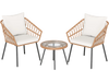 Two beige patio chairs with cushions and a glass-top table, featuring durable PE rattan and a heavy-duty metal frame.
