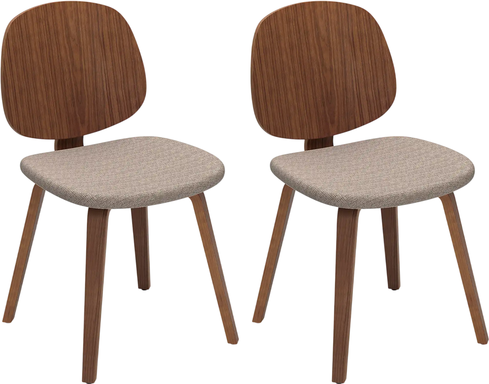 Set of 2 wooden dining chairs with padded seats and bentwood frames in walnut, ideal for dining rooms and kitchens.
