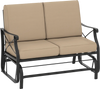 Outdoor 2-person glider rocking loveseat with thick brown cushions and sturdy metal frame for patio relaxation.