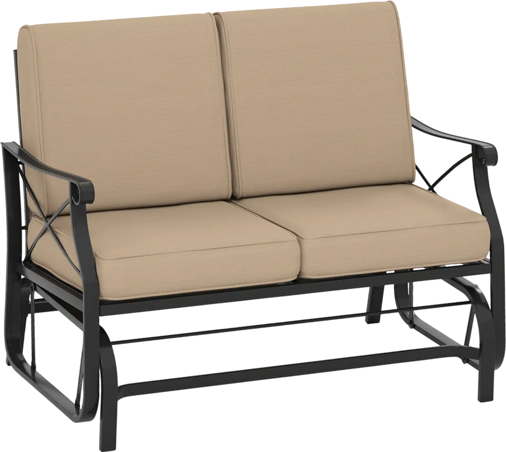 Outdoor 2-person glider rocking loveseat with thick brown cushions and sturdy metal frame for patio relaxation.