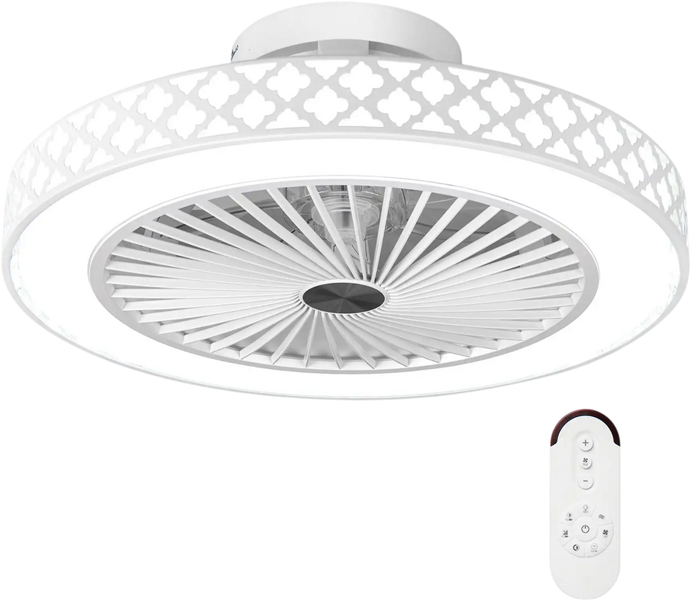 19-inch white ceiling fan with light, remote control, and adjustable brightness for low-profile installation in rooms.