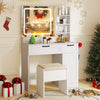 White vanity set with mirror, adjustable lighting, and comfy stool, perfect for organized makeup application.
