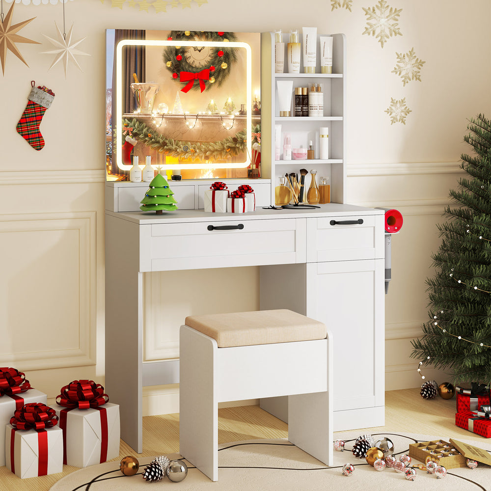 White vanity set with mirror, adjustable lighting, and comfy stool, perfect for organized makeup application.
