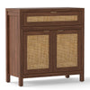 Brown sideboard storage cabinet with rattan doors and drawer, featuring a spacious top and adjustable shelf for.
