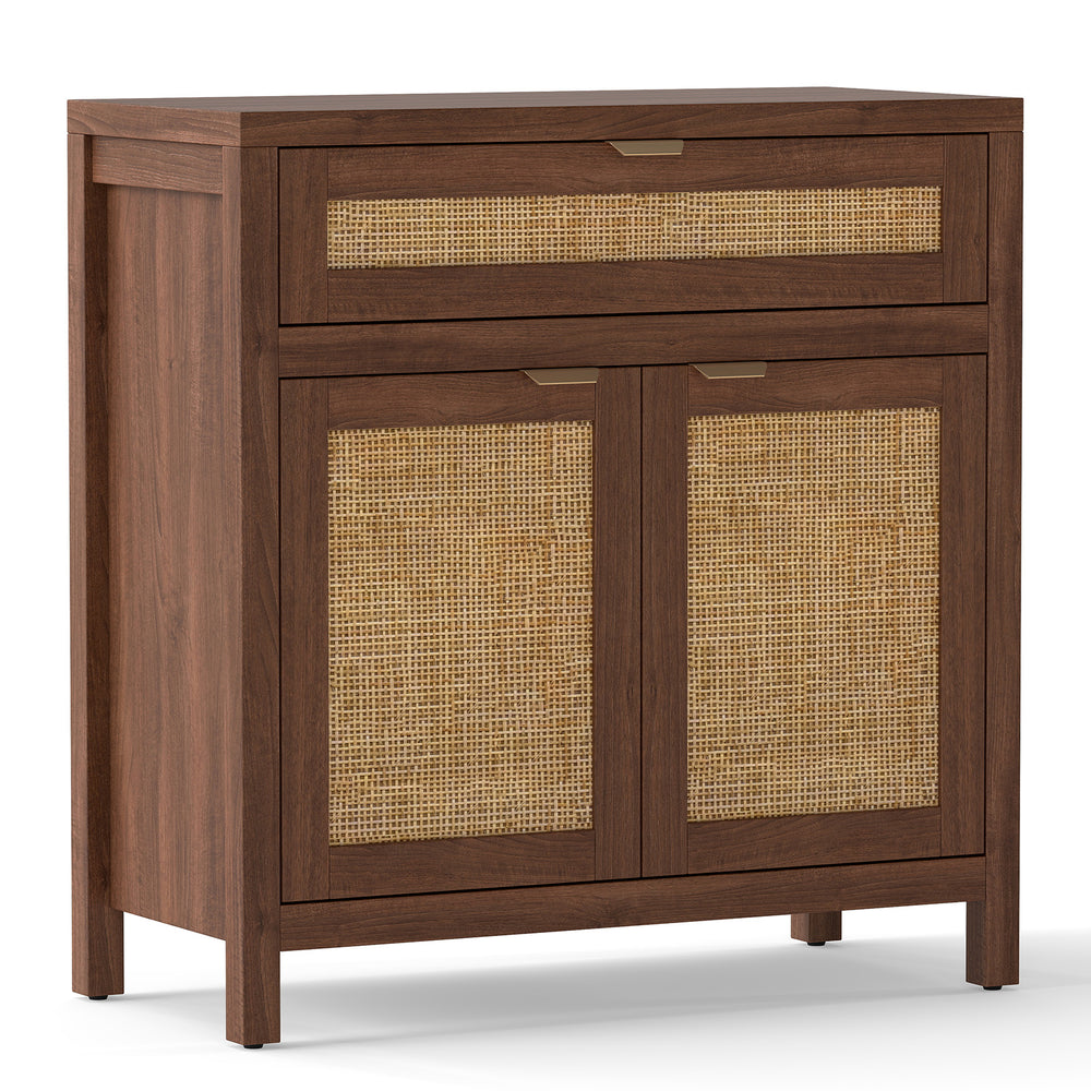 Brown sideboard storage cabinet with rattan doors and drawer, featuring a spacious top and adjustable shelf for.