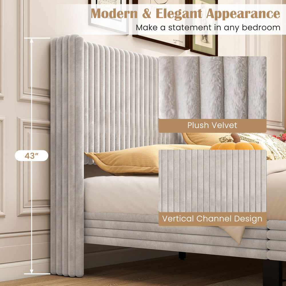 Queen size velvet bed frame with vertical channel tufted wingback headboard in white, offering modern elegance and.