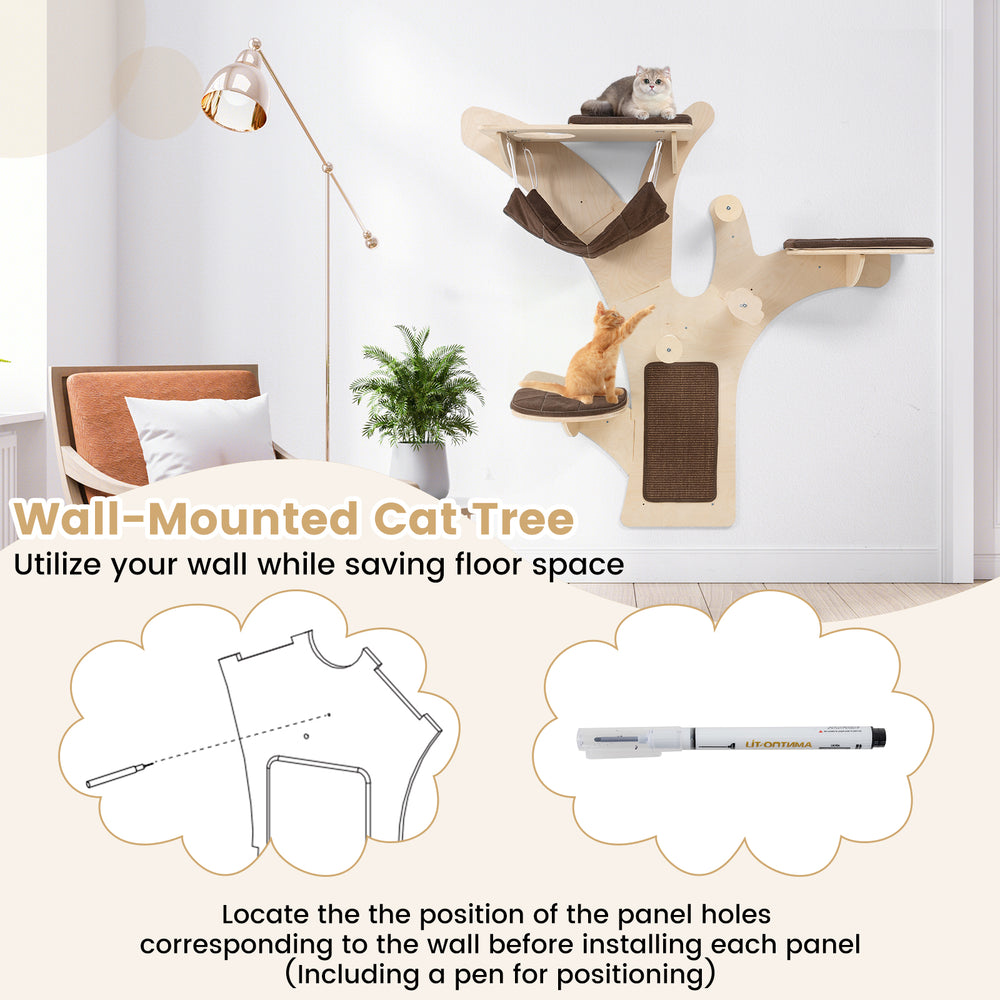 Wall-mounted cat tower with 4 layers, padded platforms, and natural sisal scratching surfaces for space-saving play.