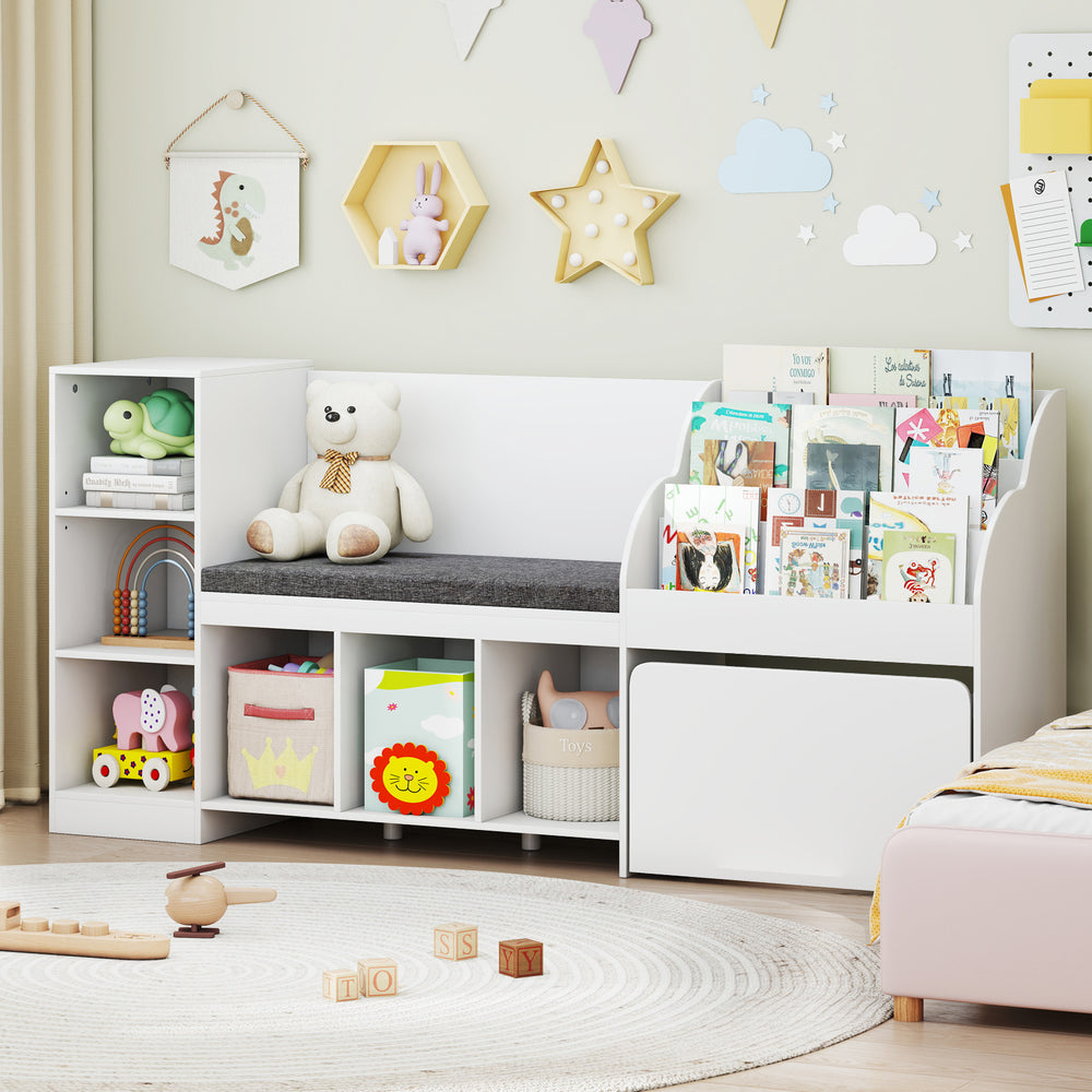 Kids bookcase with reading nook in white, featuring 6 storage cubbies, adjustable shelves, and removable cushion for.