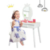 Kids vanity makeup table and chair set in white with a mirror, perfect for ages 3-8, featuring a large storage drawer.