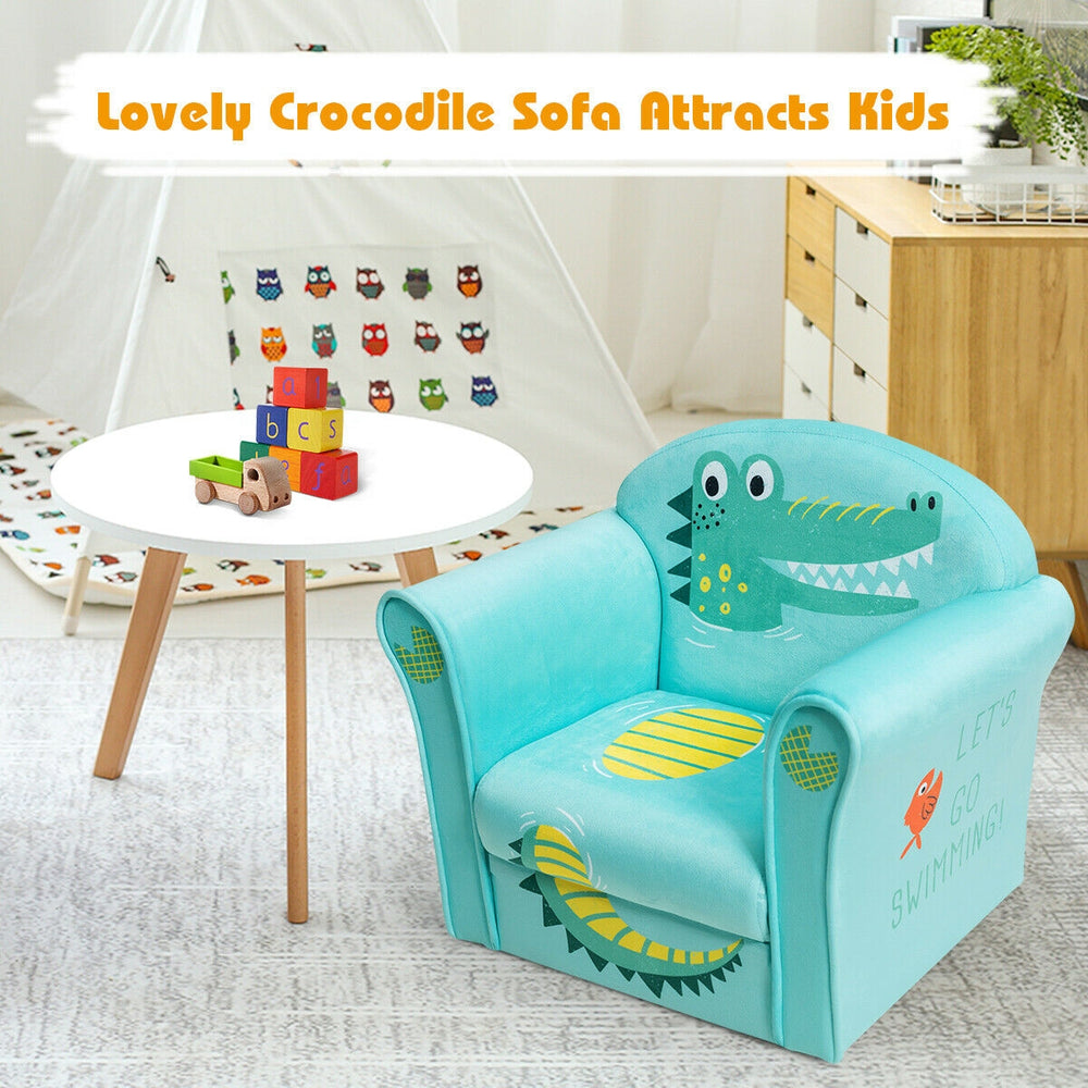 Kids crocodile armrest upholstered couch in turquoise, designed for safety and comfort, perfect for reading and.