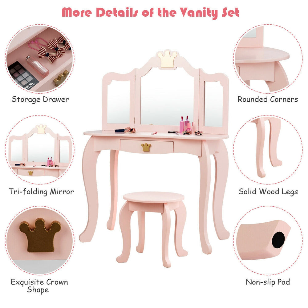 Kids makeup dressing table in pink with tri-folding mirror, storage drawer, and solid wood legs for stability.