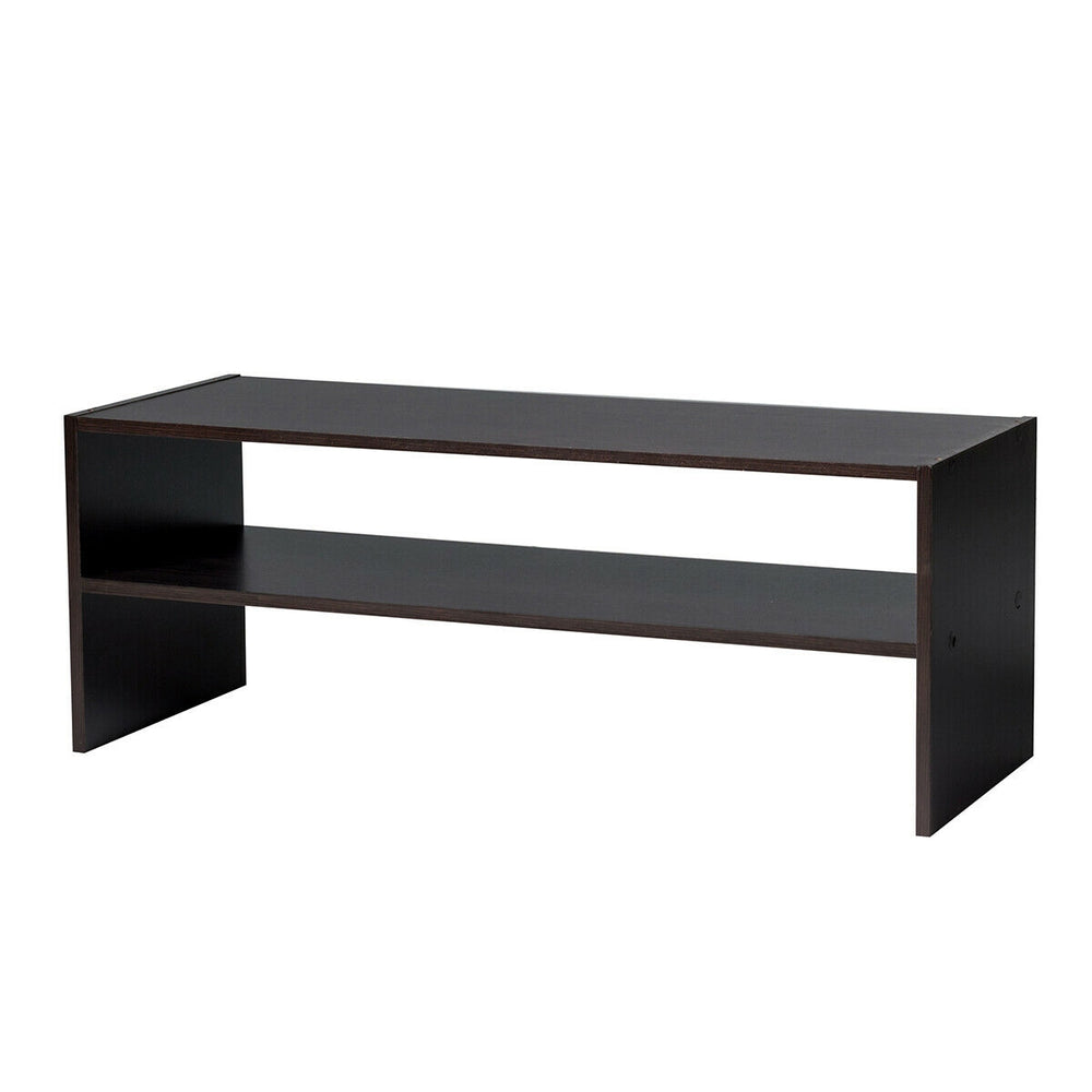 Brown 31-inch stackable shoe rack with two tiers, made of waterproof chipboard, ideal for living room or bedroom.