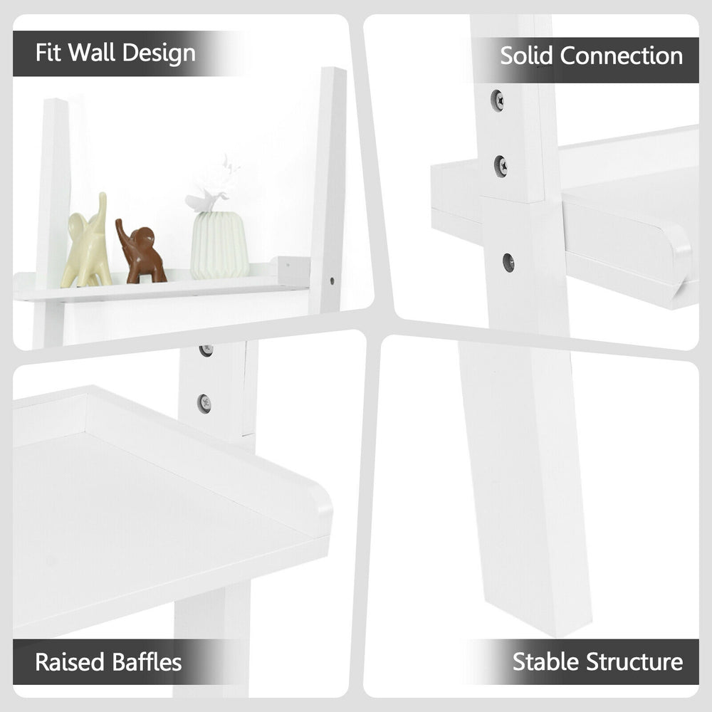 Close-up of the 5-tier wall-leaning ladder shelf in white, showcasing solid connection and stable structure for.