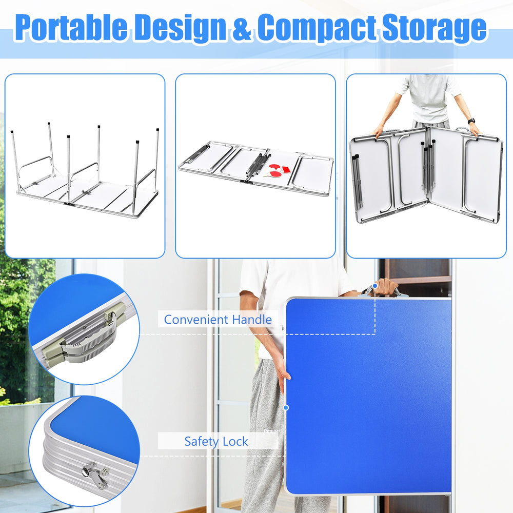 Portable 60-inch blue ping pong folding table with handle, safety lock, and accessories for easy transport and storage.