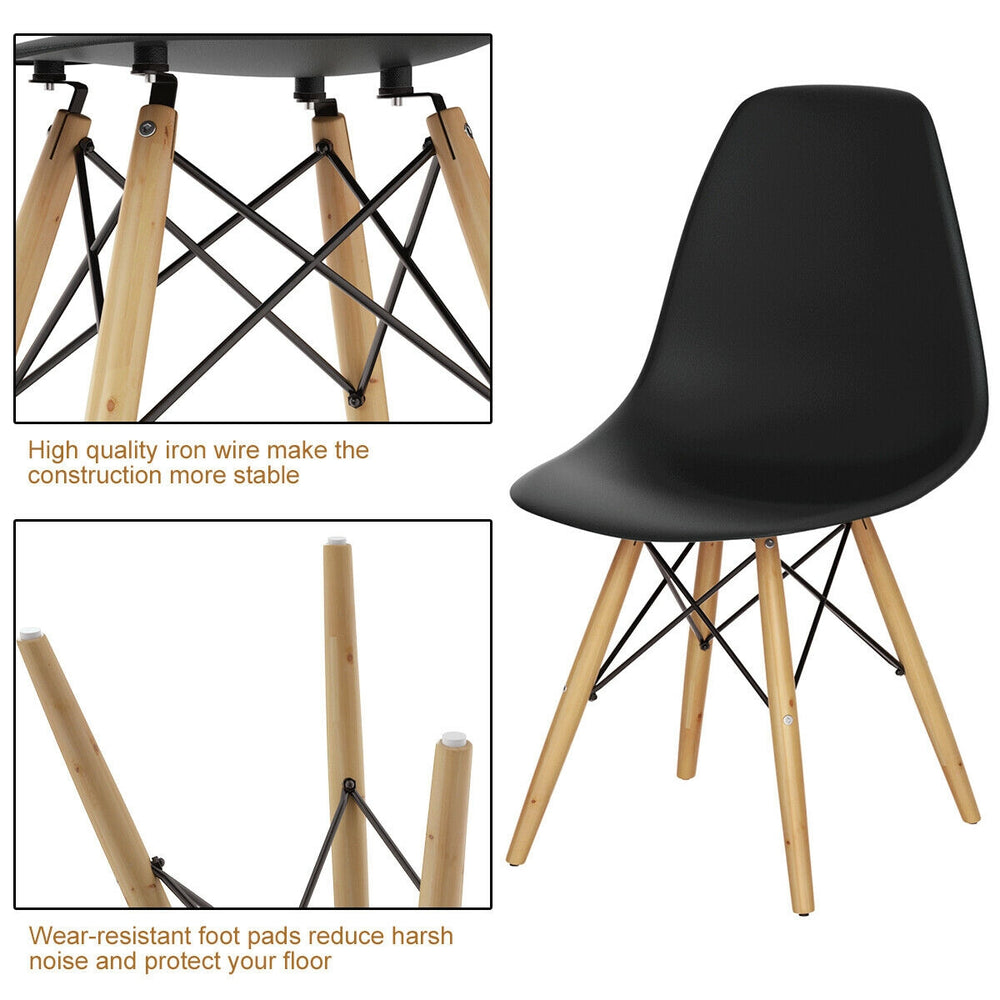 Mid-century modern DSW dining side chair in black with wood legs, featuring ergonomic design and stable construction.