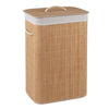Bamboo clothes hamper with removable liner, top handle, and side handles for easy carrying in natural finish.