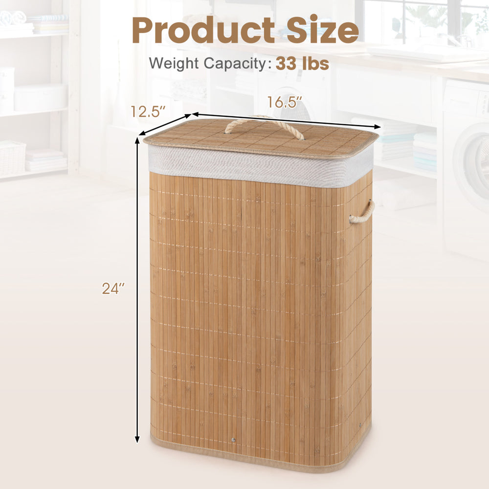 Bamboo clothes hamper with removable liner, 19-gal capacity, 24" tall, ideal for laundry organization in any room.