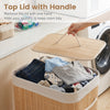 Bamboo clothes hamper with removable liner, top lid, and portable handles, ideal for laundry organization in any room.