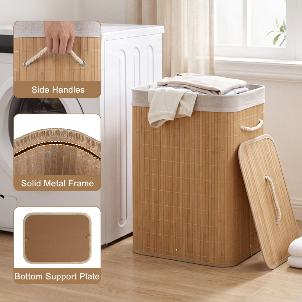 Bamboo clothes hamper with removable liner, side handles, and solid metal frame for laundry organization in natural.