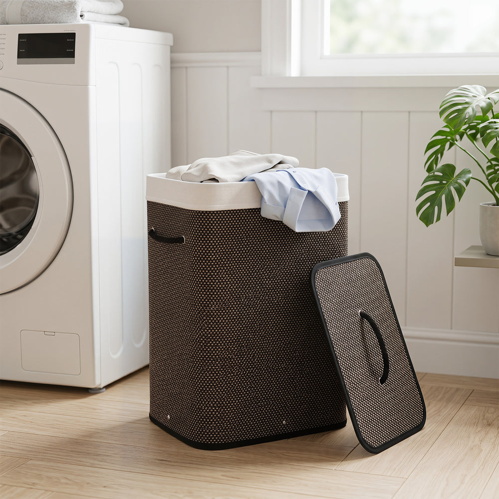 19 Gal Capacity Bamboo Clothes Hamper with Removable Liner and Portable Handles-Black - Gallery View 1 of 10
